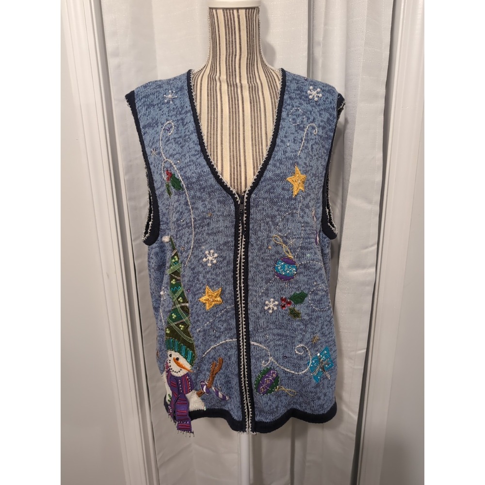 Vtg. White‎ Stag Womens Christmas Vest Holiday Embellished Blue Size 18/20